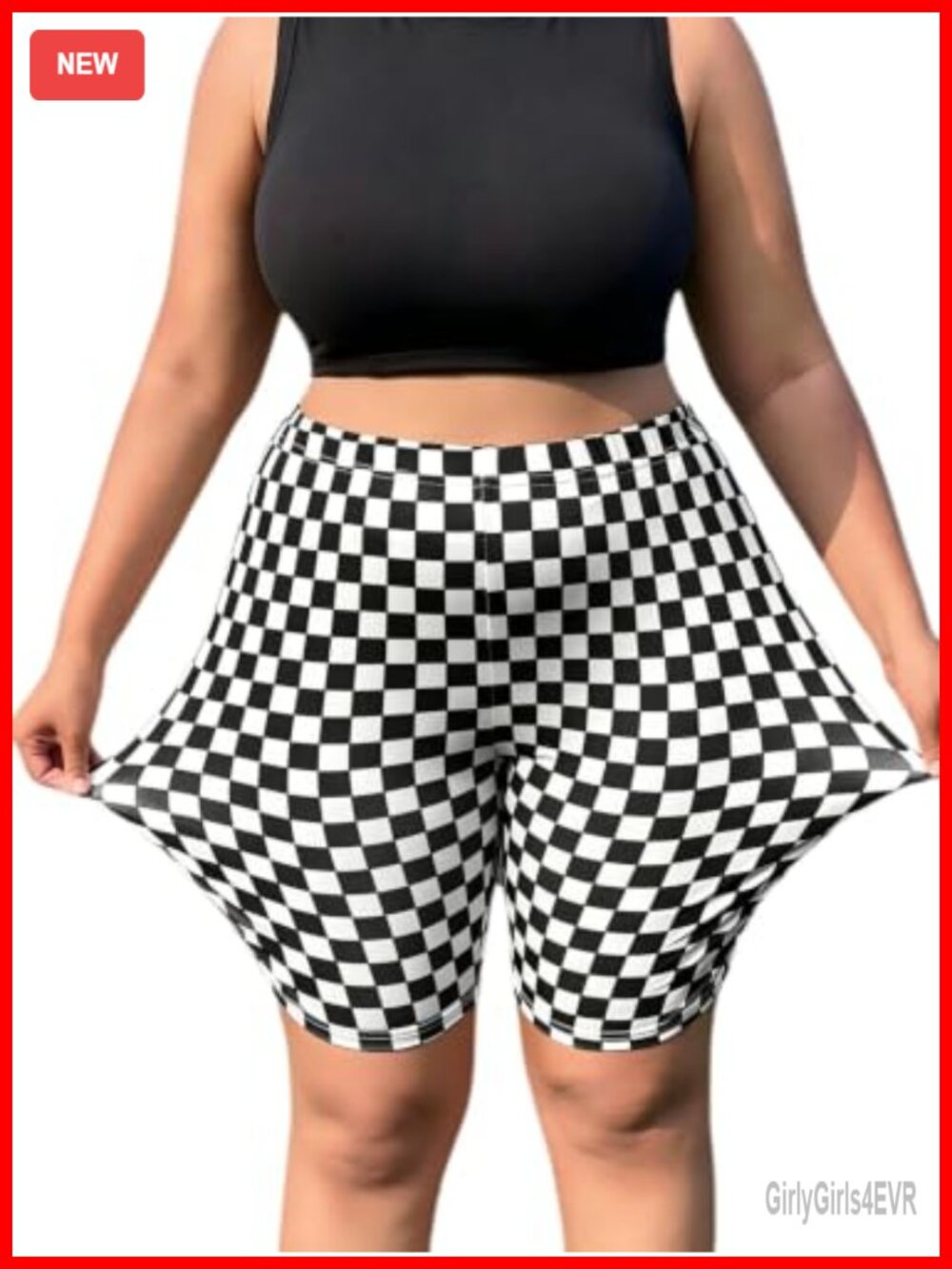 Plus Size Checkered Biker Shorts High Rise V Cross Tummy Control